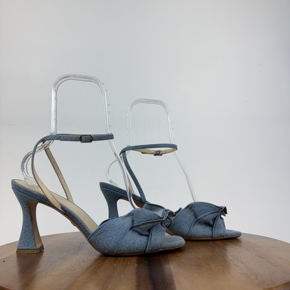 Womens Dee Ocleppo Barcelona Blue Denim Ruffles Heeled Sandals Size 10 M GUC